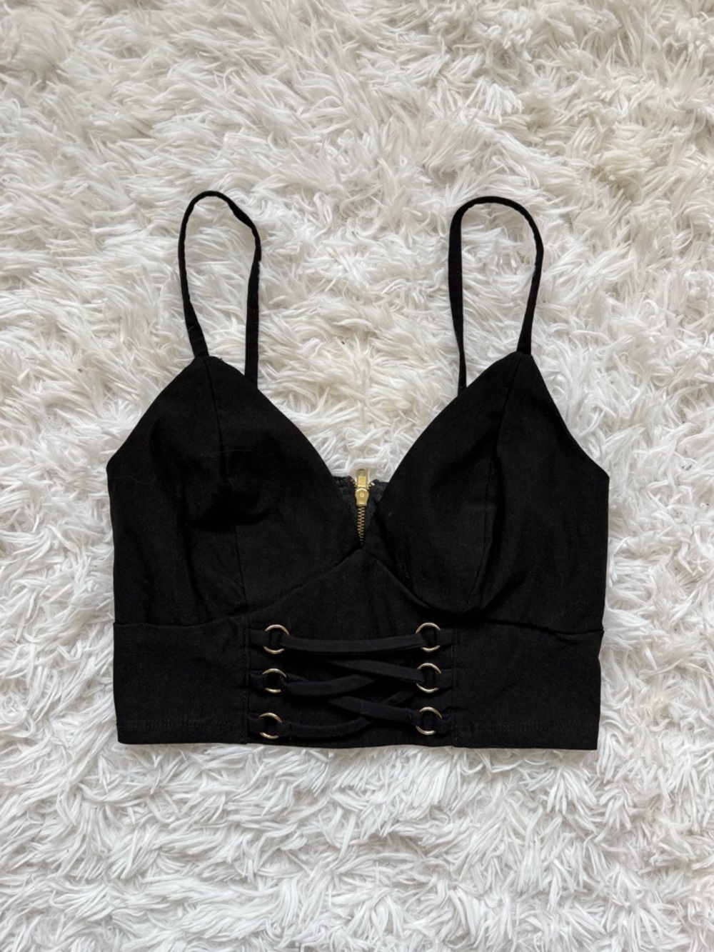 Charlotte Russe Black Lace-Up Crop Cami with Gold Zip